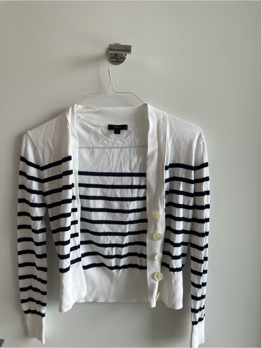 J. Crew White and Navy Striped Button-Front Cardigan